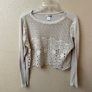Wild Moss crochet front top ribbed knit sleeves, boho floral geometric cream L